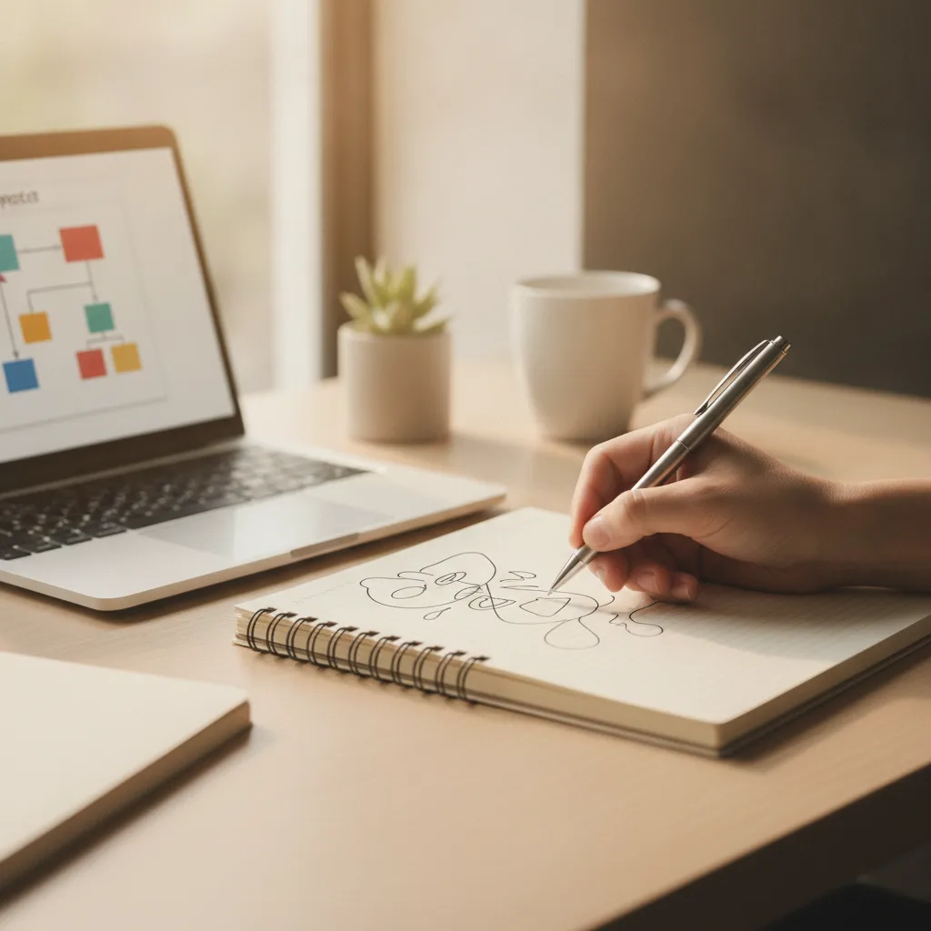 Un carnet ouvert et un ordinateur portable sur un bureau, pendant la préparation d'un cahier des charges de site web.