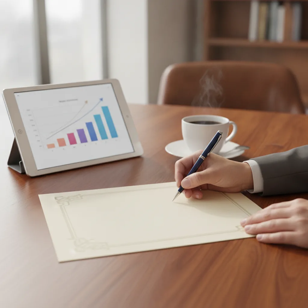 Une main tenant un stylo au-dessus d’un document posé sur une table en bois, à côté d’une tablette affichant un graphique en barres croissantes et d’une tasse de café.