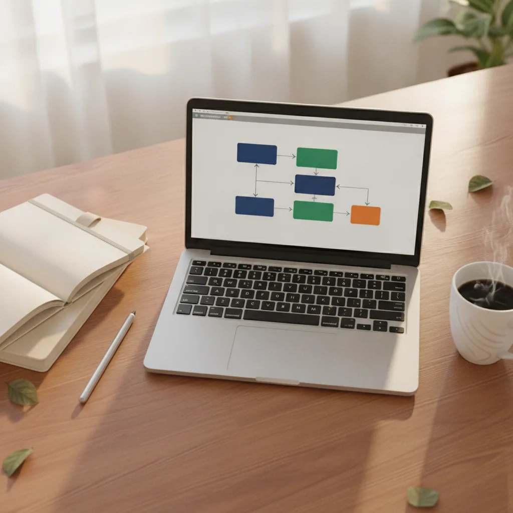 Un ordinateur portable ouvert sur un bureau en bois, affichant un schéma de blocs colorés reliés par des flèches, à côté d'un carnet et d'une tasse de café.