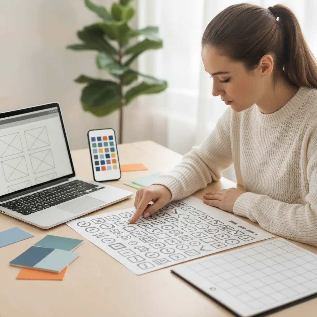 Une personne assise à un bureau clair, un doigt posé sur une planche d’icônes imprimée, entourée de nuanciers de couleurs, d’un smartphone affichant une palette et d’un ordinateur portable ouvert sur une maquette de page.