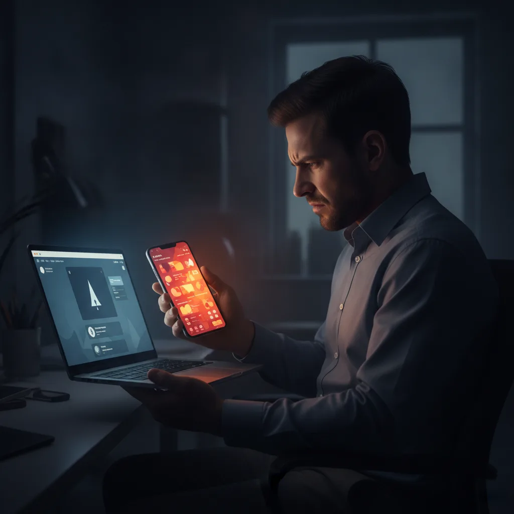 Un homme assis à son bureau dans une pièce sombre, un smartphone allumé dans une main et un ordinateur portable ouvert dans l'autre, comparant deux interfaces aux couleurs opposées.