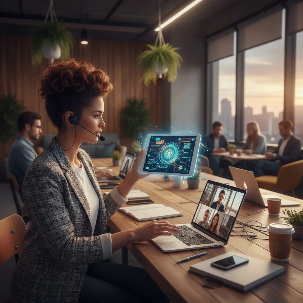 Une femme avec un casque-micro en visioconférence dans un espace de coworking, une tablette lumineuse à la main.