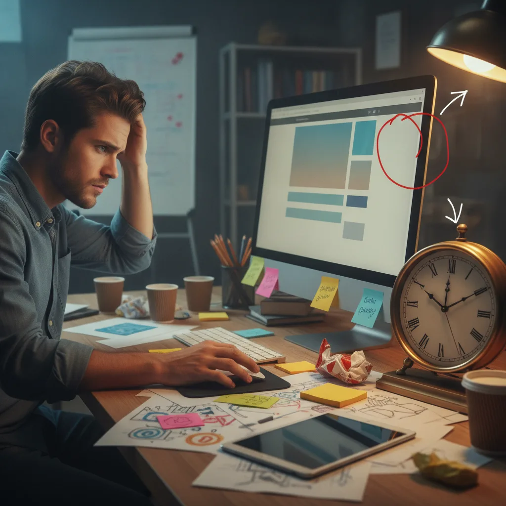 Un homme perplexe devant son écran, entouré de post-it, de gobelets de café et d’une grande horloge posée sur le bureau.