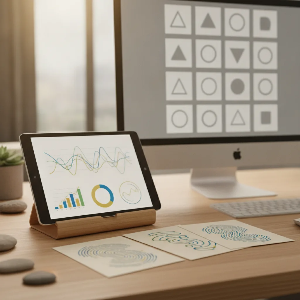 Une tablette posée sur un support en bois affiche des courbes et des graphiques de performance, à côté de fiches imprimées et d’un grand écran montrant une grille de formes géométriques.