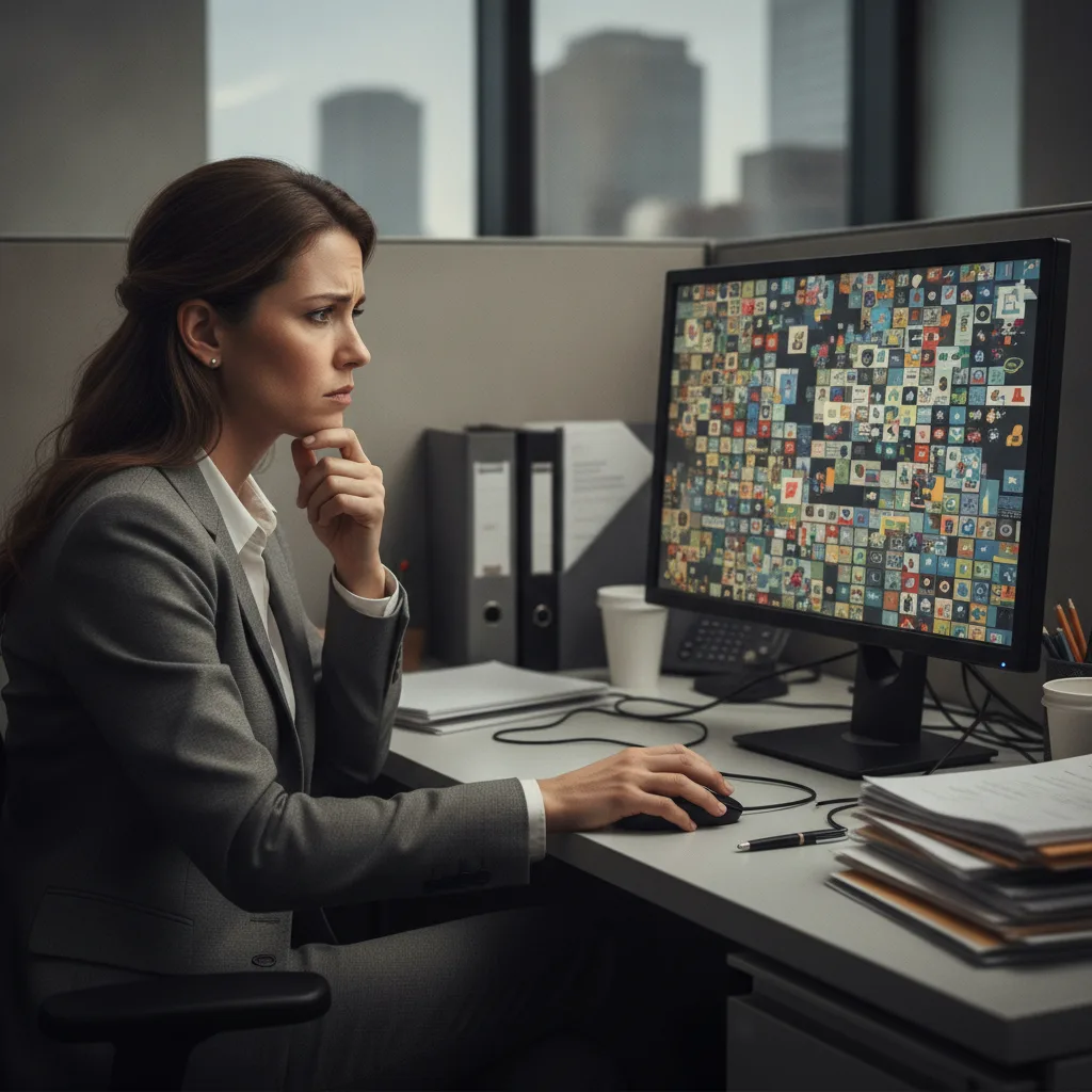 Une consultante en tailleur gris, la main sur le menton, face à un écran saturé de centaines de petites vignettes colorées.