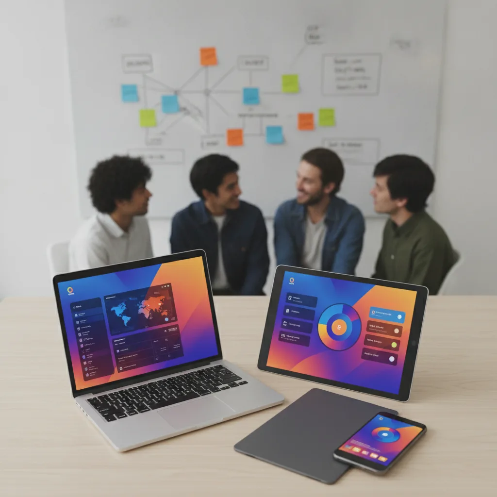Un ordinateur portable, une tablette et un téléphone alignés sur une table, affichant la même interface aux dégradés bleu et orange, devant une équipe qui échange.
