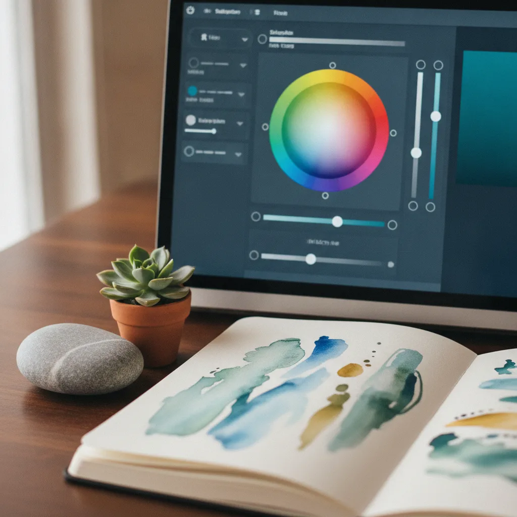 Un ordinateur portable affichant un sélecteur de couleurs avec un cercle chromatique, posé derrière un carnet ouvert sur des aplats d'aquarelle bleus et verts.
