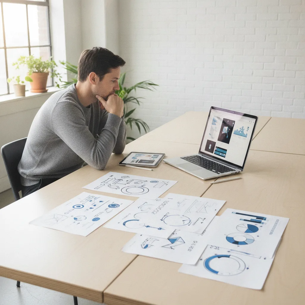 Un homme assis à une grande table de réunion, devant un ordinateur portable, une tablette et des impressions de graphiques étalées.