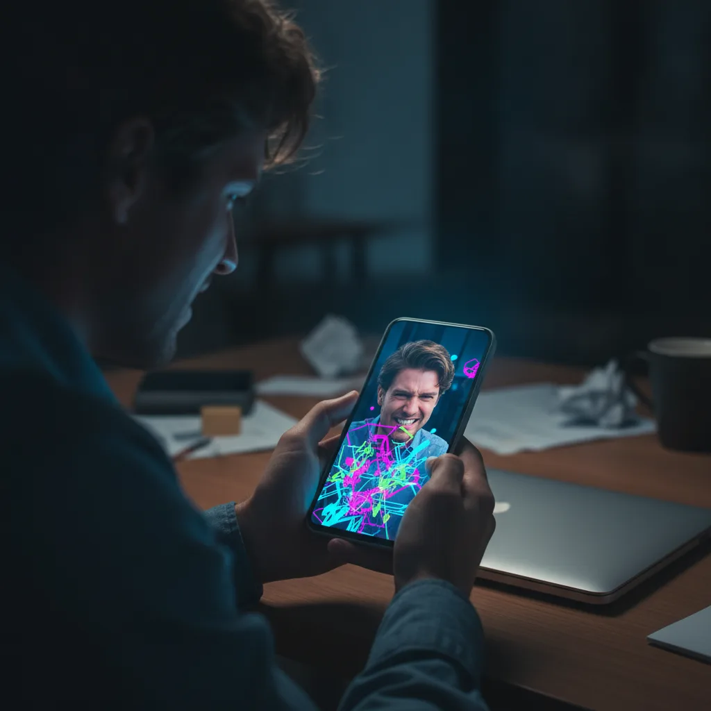 Un homme penché sur son smartphone dans un bureau sombre, l’écran affichant un enchevêtrement de traits fluo par-dessus une page devenue illisible.
