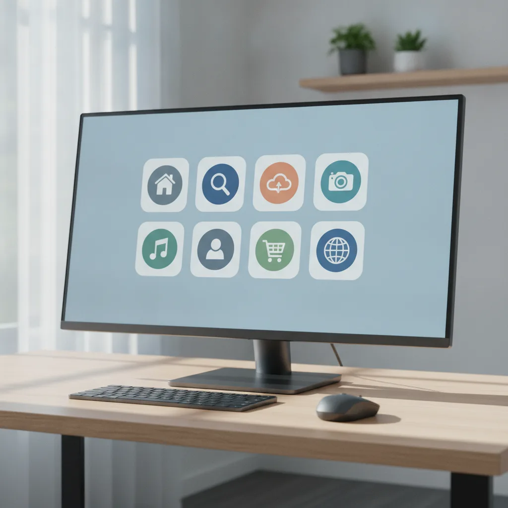 Un grand écran posé sur un bureau clair, affichant une grille régulière d’icônes rondes bien espacées les unes des autres.
