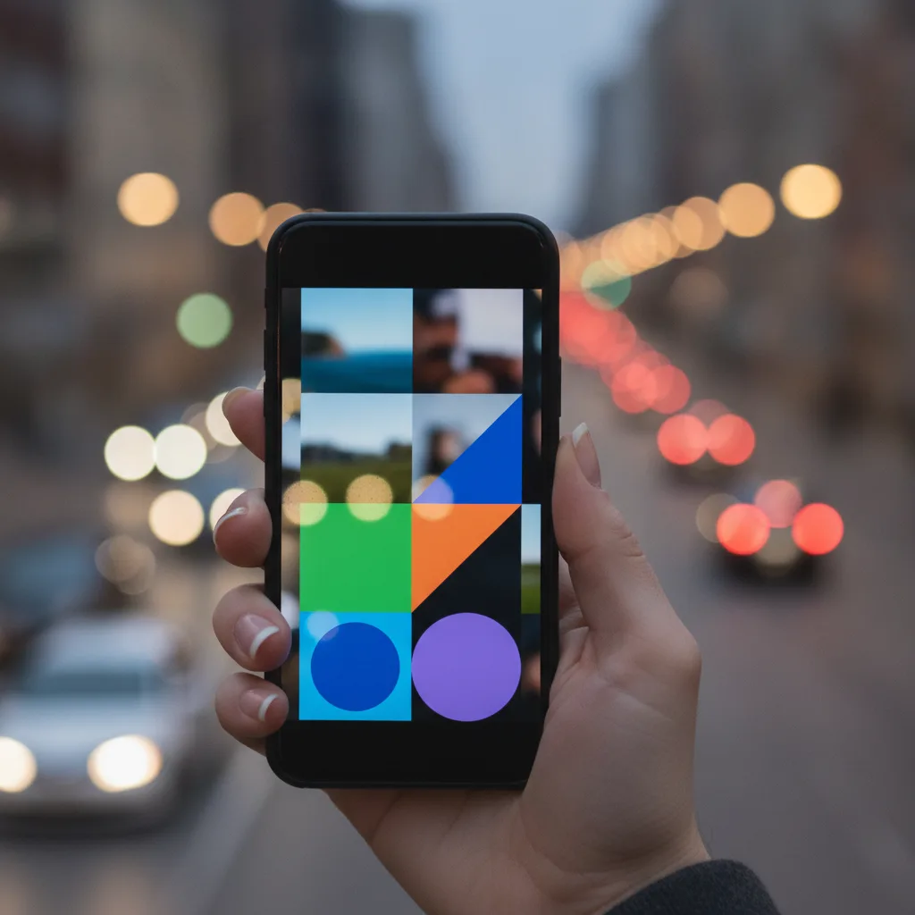 Une main tient un smartphone dans une rue au crépuscule, l'écran affichant une grille colorée de blocs et de photos qui s'emboîtent les uns dans les autres.