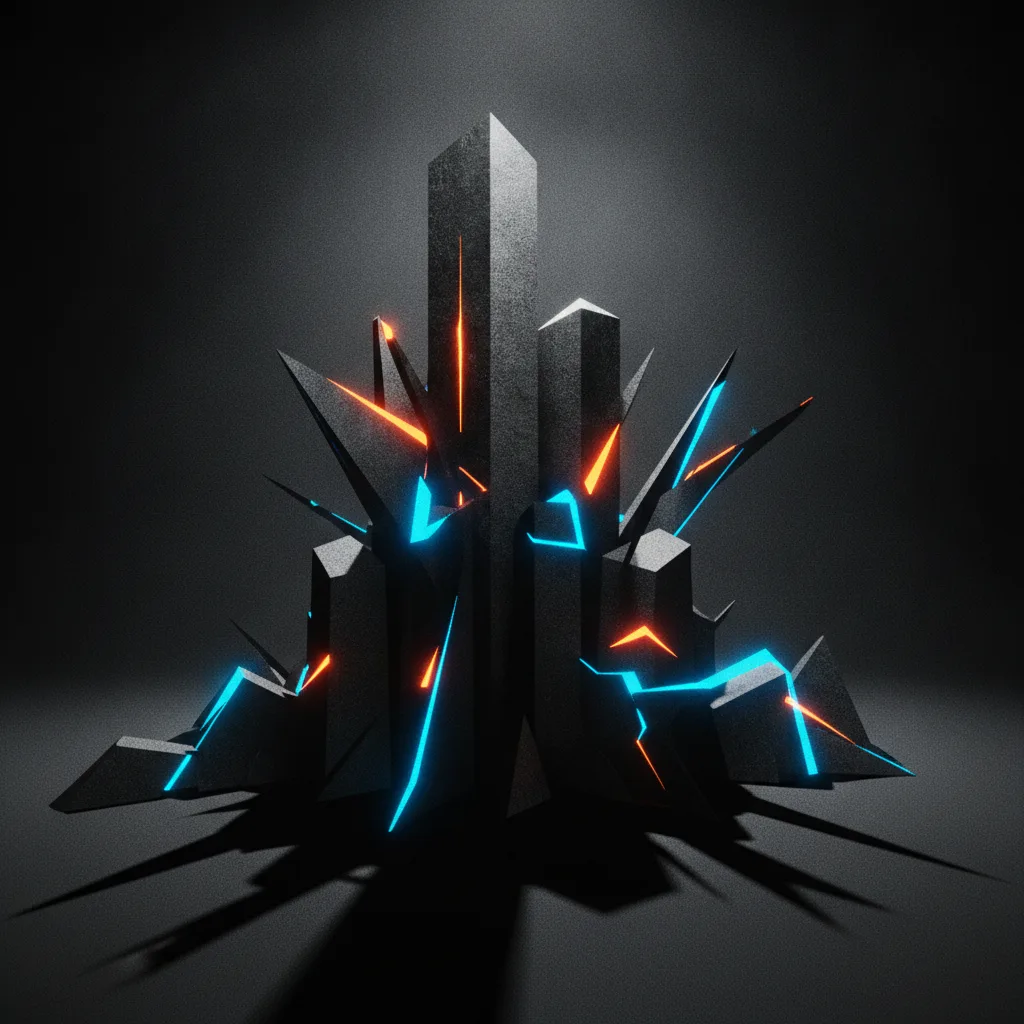 Un rendu 3D sombre de blocs anguleux éclatés depuis un point central, aux arêtes soulignées de traits lumineux bleus et orange.