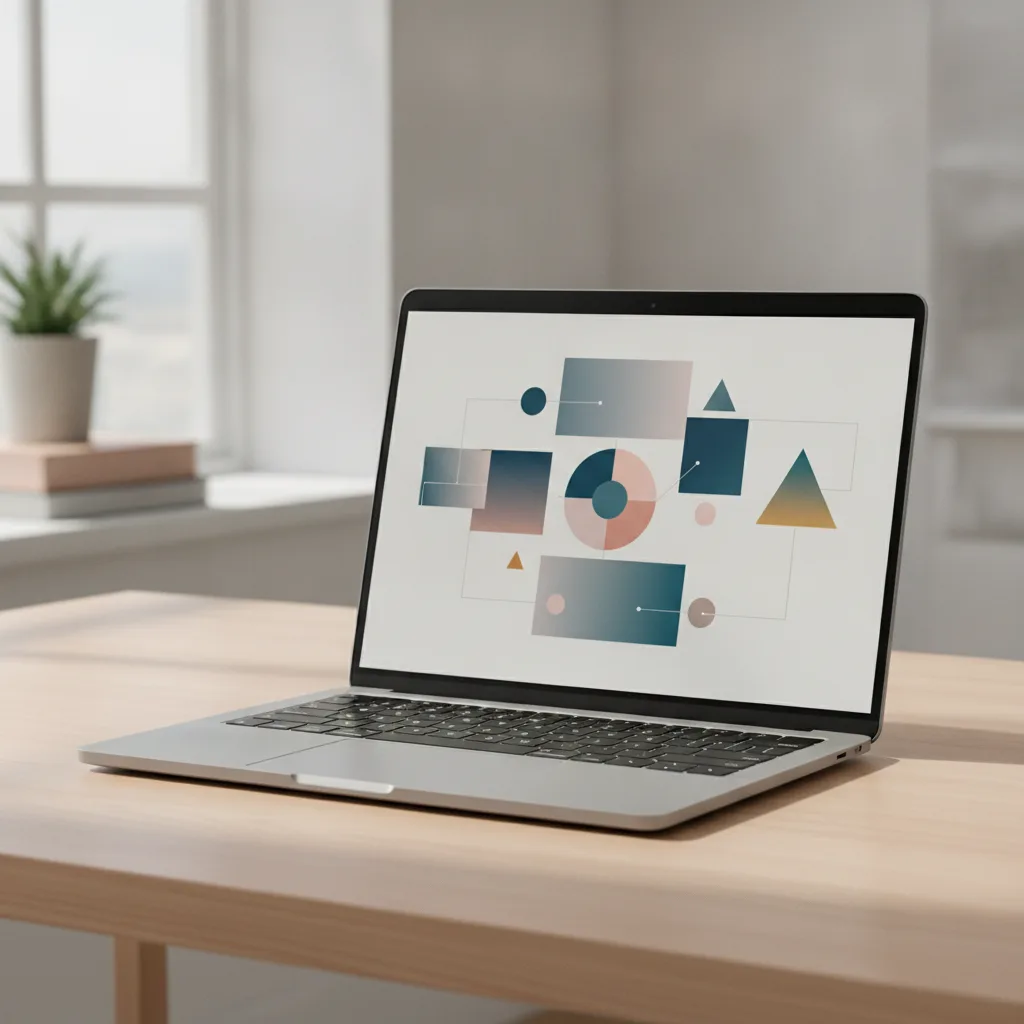 Un ordinateur portable posé sur un bureau en bois clair près d'une fenêtre, affichant une composition abstraite de blocs géométriques colorés reliés par de fines lignes.