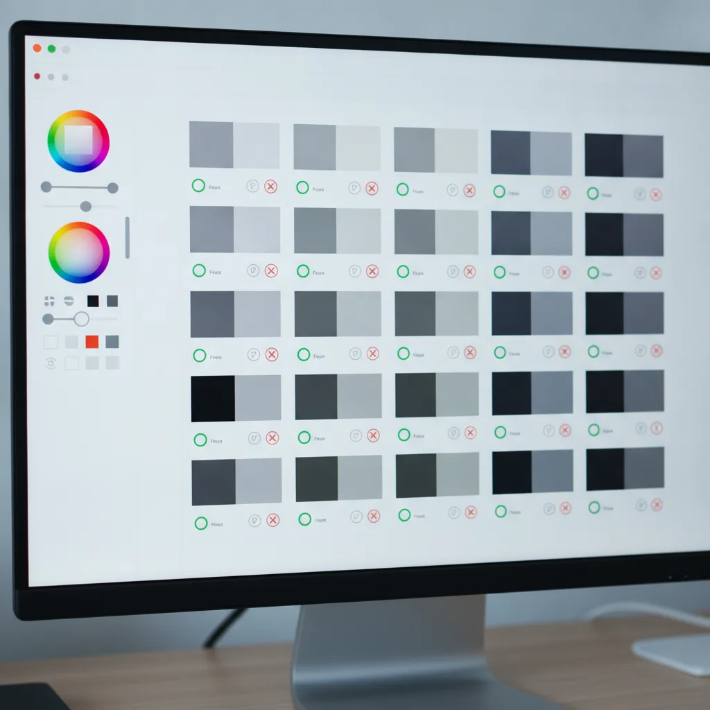 Un écran affichant un outil de test de contraste : une grille de paires de nuances gris et anthracite, chacune validée ou refusée.