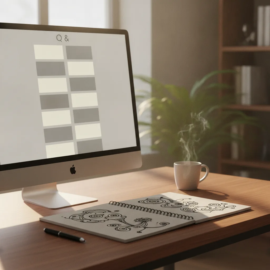Un iMac affichant deux colonnes de blocs de texte alternant crème et gris, à côté d’une tasse fumante et d’un carnet ouvert couvert de gribouillis.