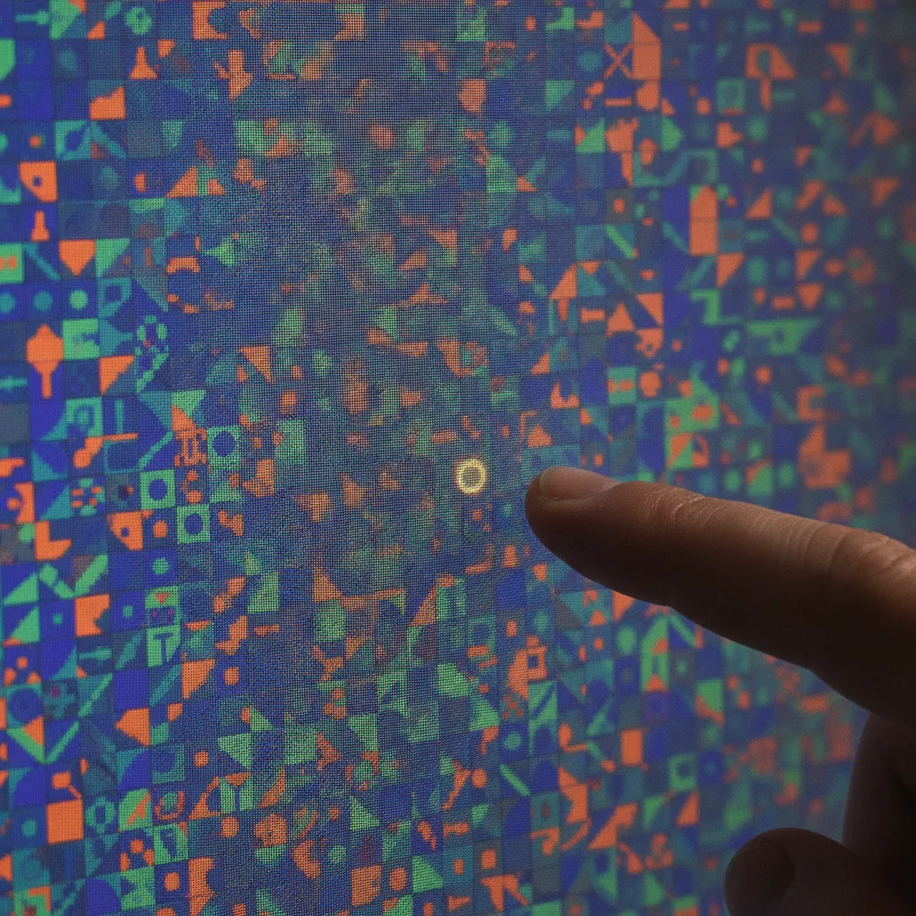 Un doigt s’approche d’un écran saturé de centaines de petits motifs bleus, verts et orange, où un seul point lumineux se distingue.