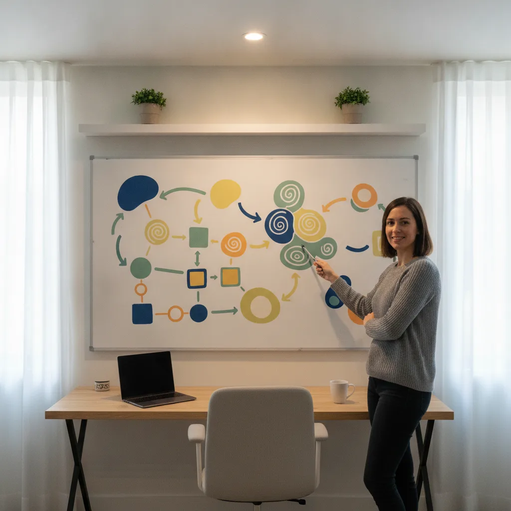 Une femme désigne au feutre un schéma de flux coloré dessiné sur un tableau blanc, dans un bureau clair meublé d’un simple bureau et d’un ordinateur portable fermé.