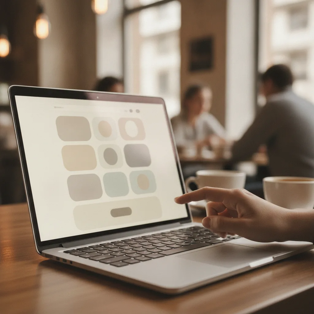 Un ordinateur portable posé sur une table de café, l'écran affichant une grille de blocs pastel, et une main qui s'approche du bouton en bas de page.